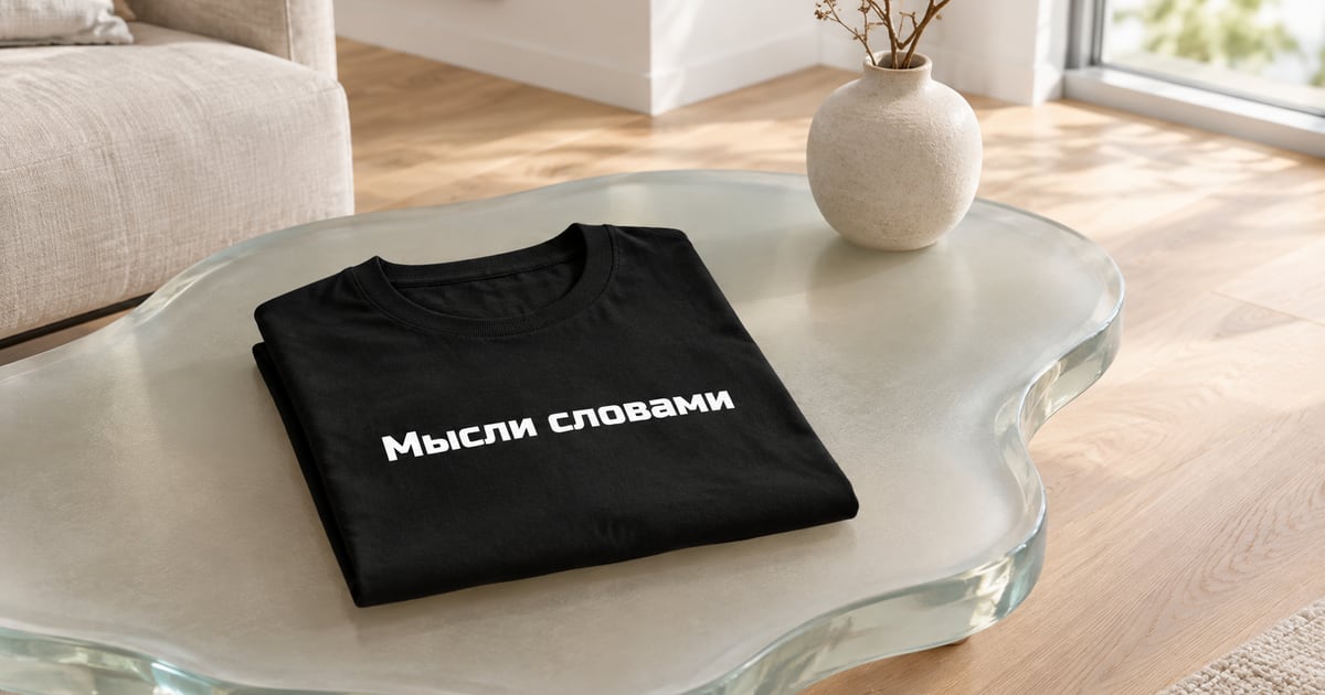 Чёрная футболка с надписью «Мысли словами» на столе из матового стекла в светлой комнате