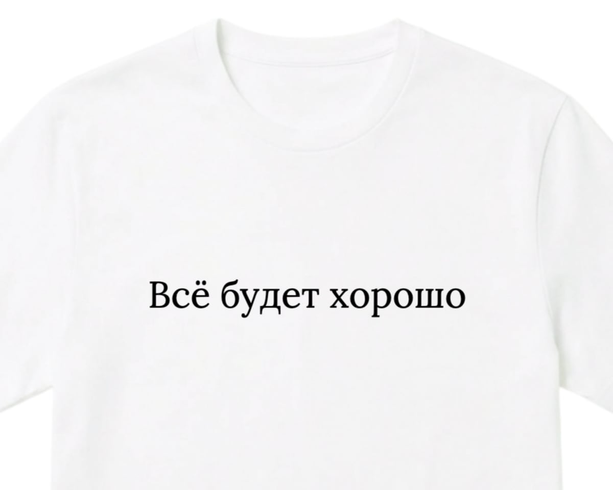 Белая футболка с надписью «Всё будет хорошо» шрифтом Lora
