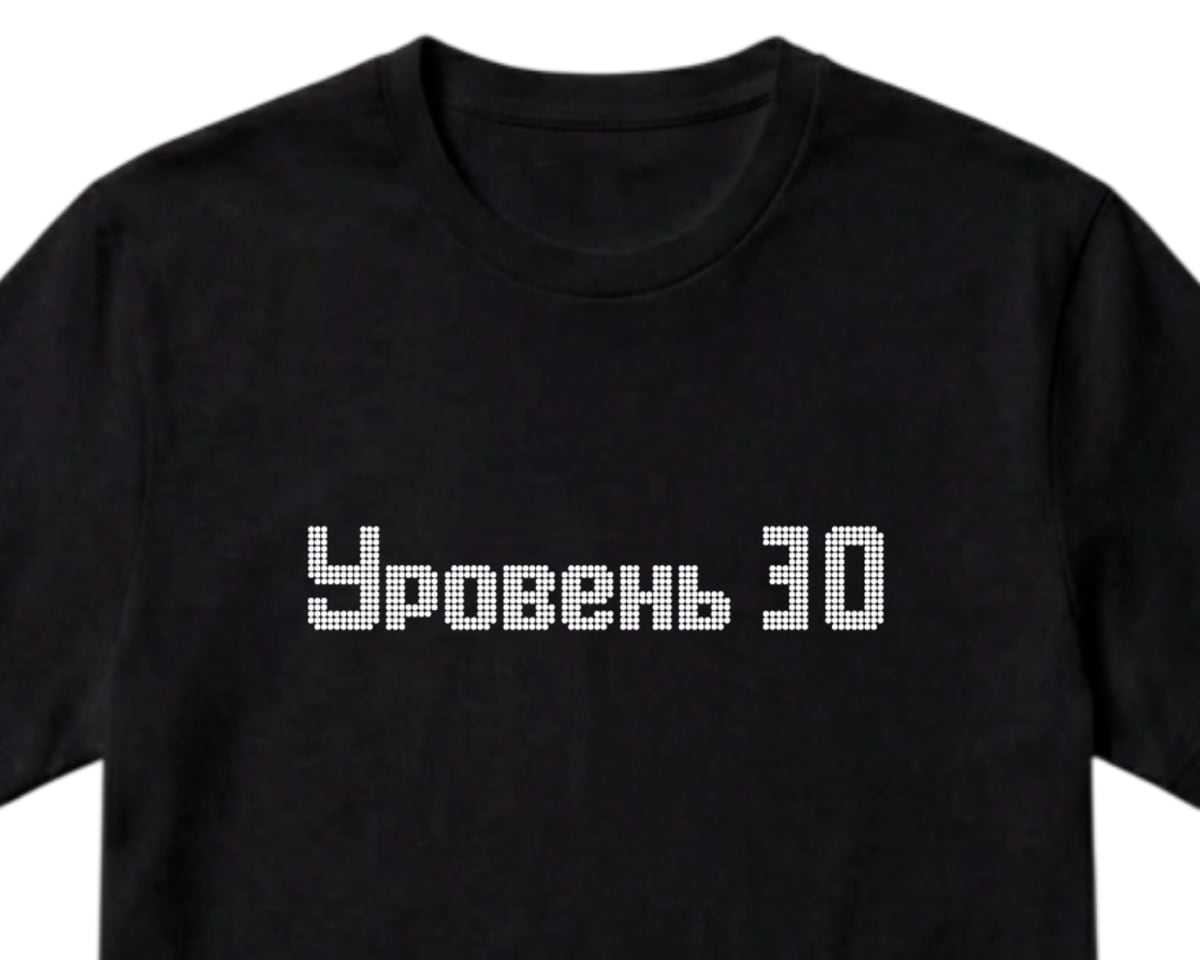 Чёрная футболка с пиксельной надписью «Уровень 30»