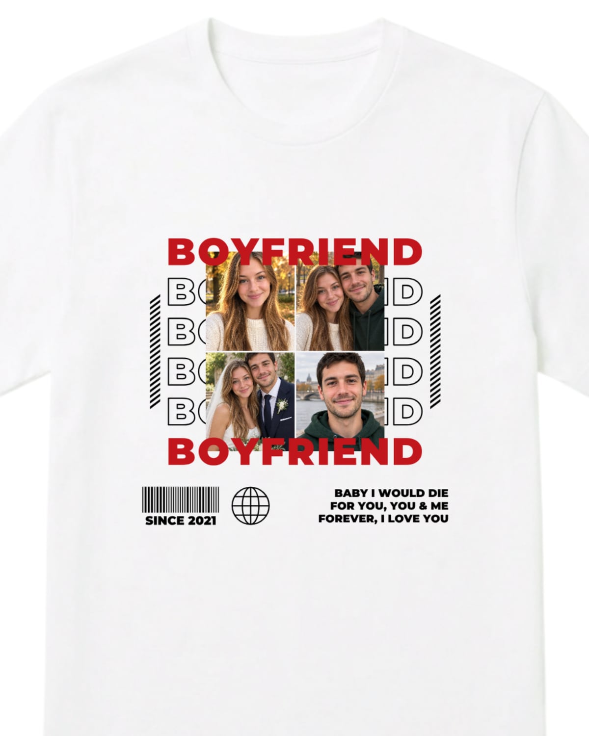 Белая футболка со словом BOYFRIEND, коллажем из четырёх фото пары и штриховкой по бокам