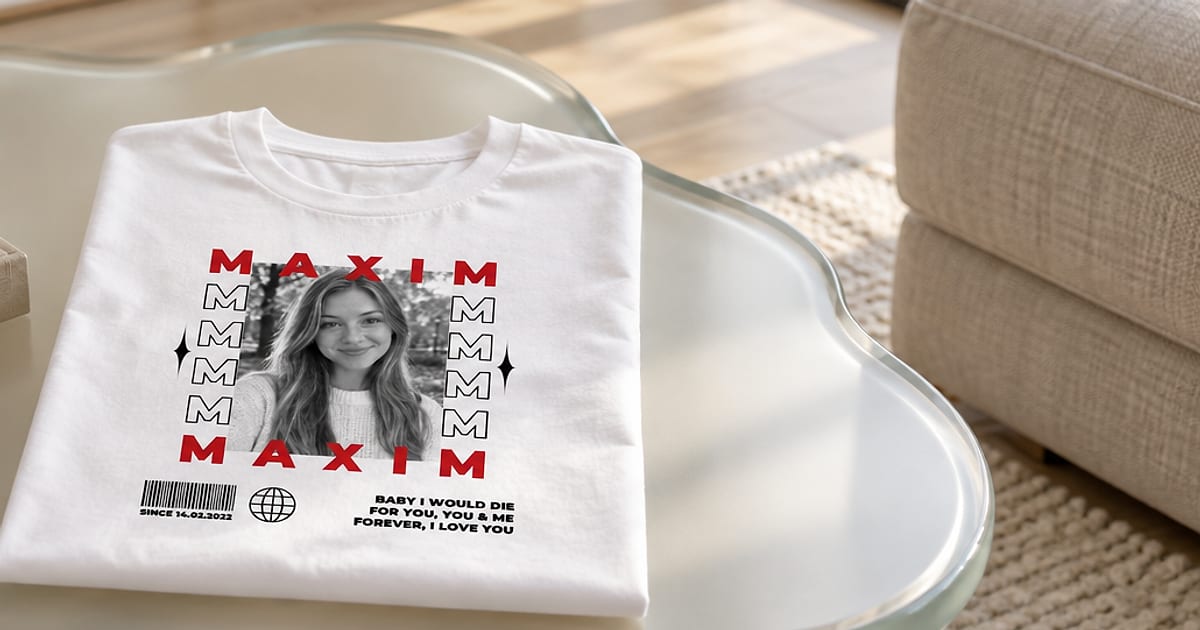 Сложенная белая футболка с именем MAXIM и фото девушки на столе из матового стекла в светлой комнате