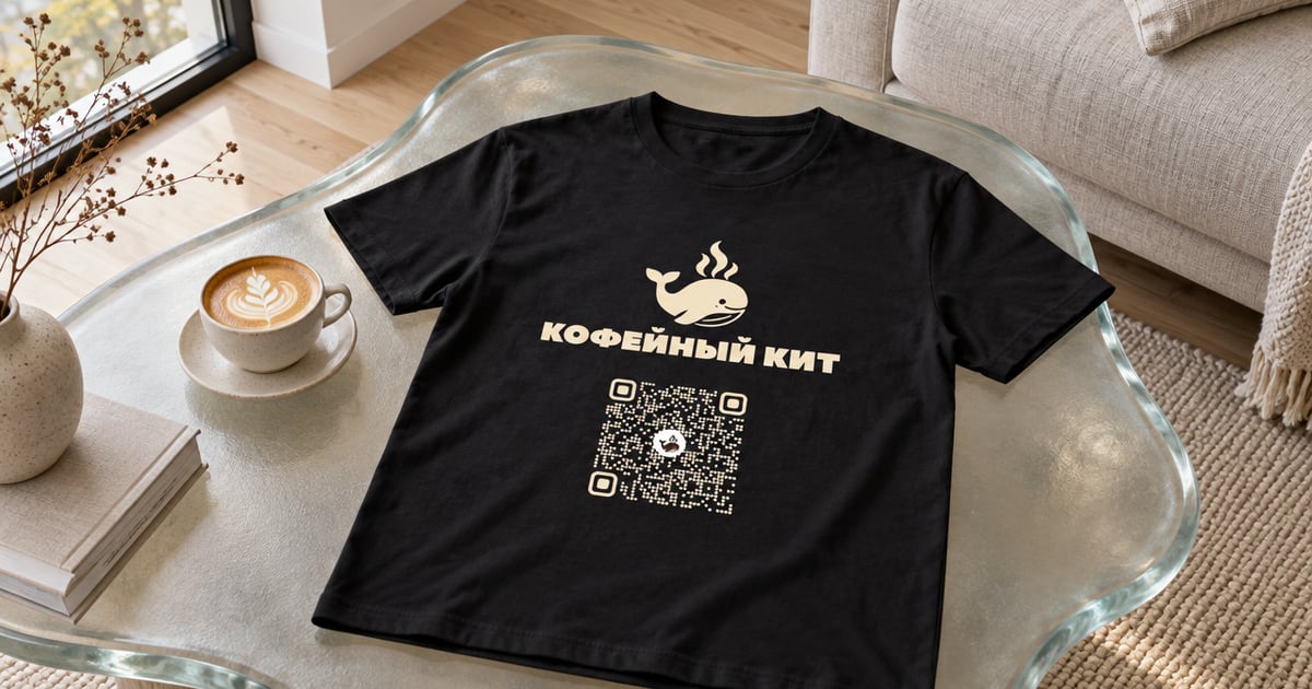 Чёрная футболка с логотипом кофейни и QR-кодом на столе из матового стекла рядом с чашкой капучино
